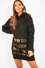 Black Gold New York Slogan Hoodie Dress - Sophira-Dresses