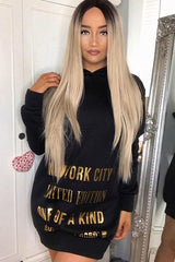Black Gold New York Slogan Hoodie Dress - Sophira-Dresses