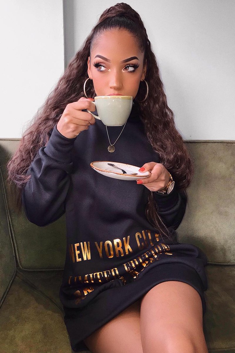 Black Gold New York Slogan Hoodie Dress - Sophira-Dresses