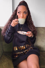 Black Gold New York Slogan Hoodie Dress - Sophira-Dresses