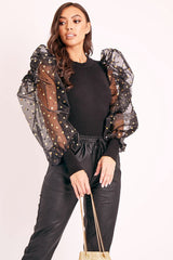 Black Gold Polka Extreme Puff Mesh Sleeve Top - Daisey-Tops