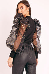 Black Gold Polka Extreme Puff Mesh Sleeve Top - Daisey-Tops
