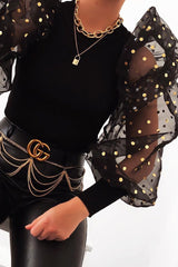 Black Gold Polka Extreme Puff Mesh Sleeve Top - Daisey-Tops