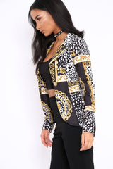 Black & Gold Scarf Print Blazer Jacket - Oscar-Jackets