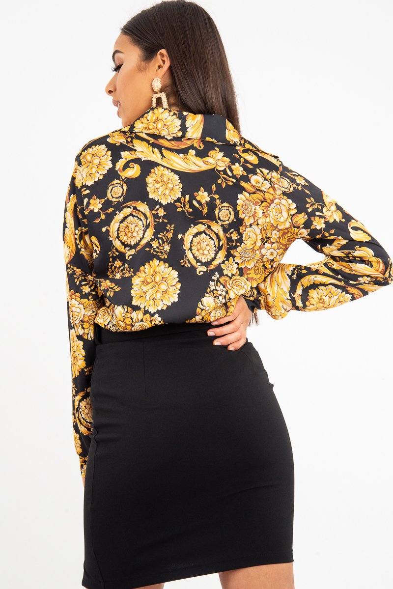 Black Gold Scarf Print Button Down Shirt - Khani-Shirts
