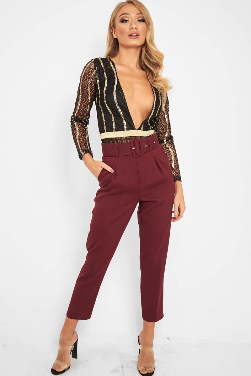 Black Gold Sequin Plunge Bodysuit - Dreah-Bodysuits