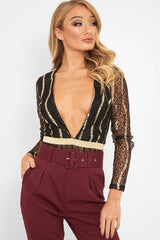 Black Gold Sequin Plunge Bodysuit - Dreah-Bodysuits