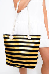 Black Gold Stripe Beach Bag - Loriana-Bags