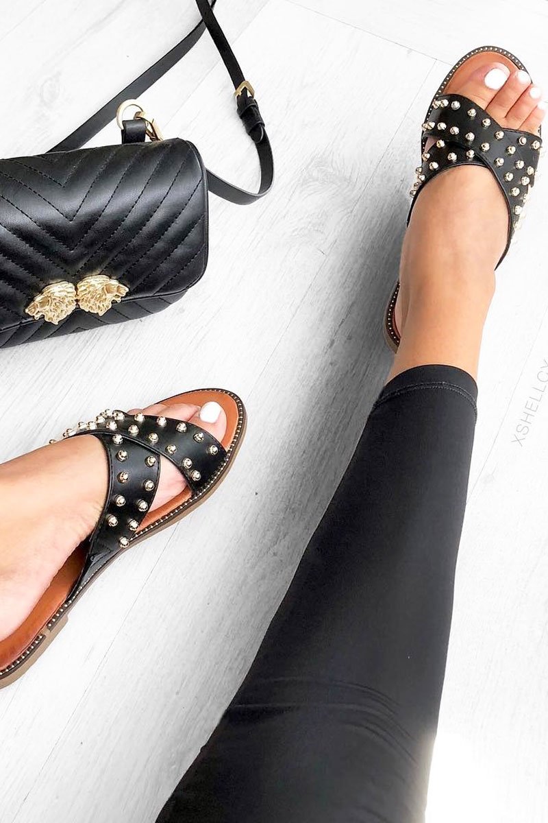 Black Gold Studded Backless Sliders - Bralee-Sliders