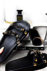 Black Gold Studded Double Strap Sliders - Cerina-Sliders
