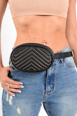 Black Gold Studded Faux Leather Oval Bum Bag - Dua-Bags
