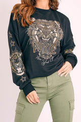 Black Gold Studded Tiger NYC Sweatshirt - Lezlie-Sweatshirts