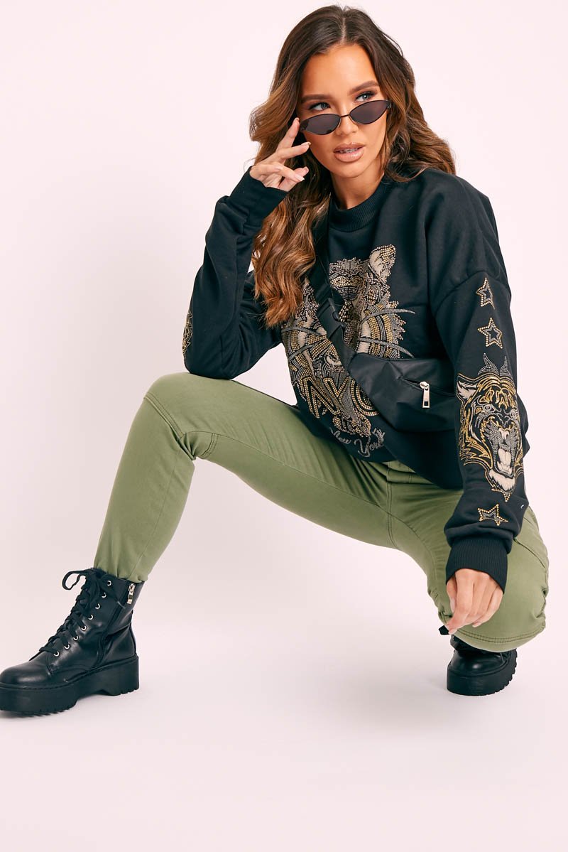 Black Gold Studded Tiger NYC Sweatshirt - Lezlie-Sweatshirts