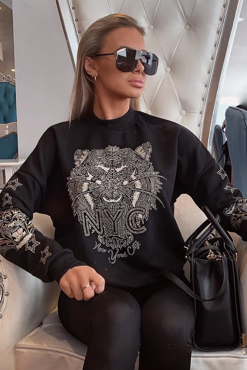 Black Gold Studded Tiger NYC Sweatshirt - Lezlie-Sweatshirts