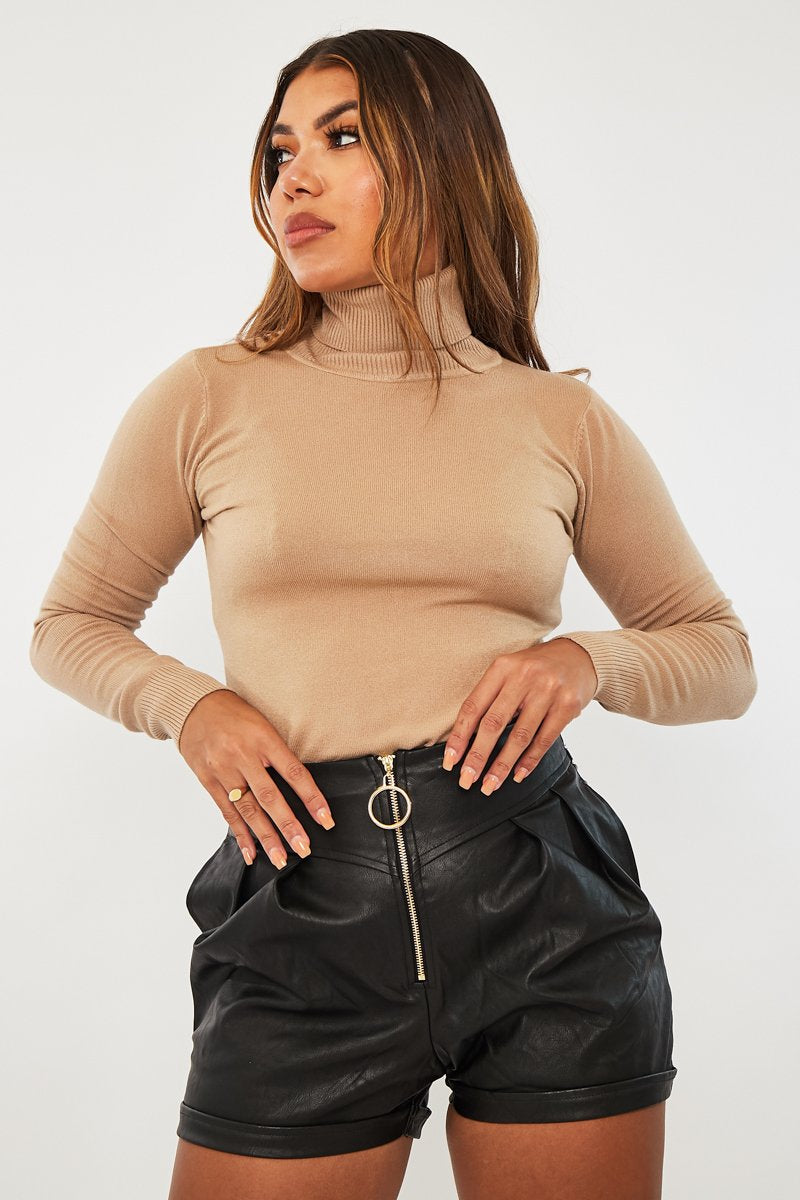 Black Gold Zip Front Faux Leather Shorts - Daviona-Shorts
