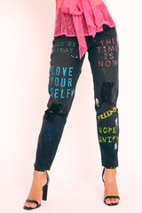Black Graffiti Print Distressed Boyfriend Jeans - Maryana-Jeans