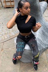 Black Graffiti Print Distressed Boyfriend Jeans - Maryana-Jeans