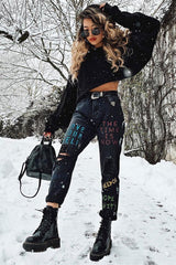 Black Graffiti Print Distressed Boyfriend Jeans - Maryana-Jeans