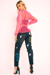 Black Graffiti Print Distressed Boyfriend Jeans - Maryana-Jeans