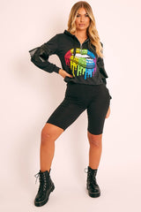 Black Graphic Frill Sleeve Hoodie - Ileigh-Hoodies