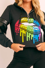 Black Graphic Frill Sleeve Hoodie - Ileigh-Hoodies