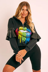 Black Graphic Frill Sleeve Hoodie - Ileigh-Hoodies