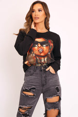 Black Graphic Motif Sweatshirt - Janny-Sweatshirts