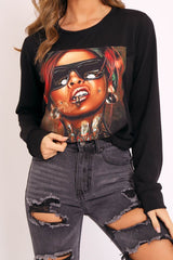 Black Graphic Motif Sweatshirt - Janny-Sweatshirts