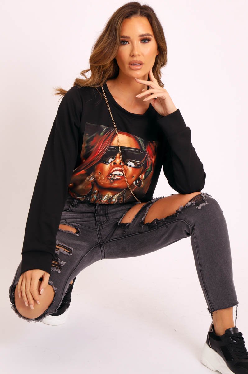 Black Graphic Motif Sweatshirt - Janny-Sweatshirts