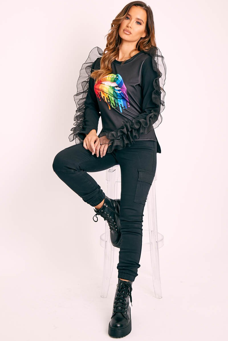 Black Graphic Print Organza Ruffle Sleeve Top - Gianni-Tops