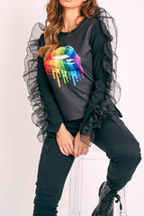 Black Graphic Print Organza Ruffle Sleeve Top - Gianni-Tops