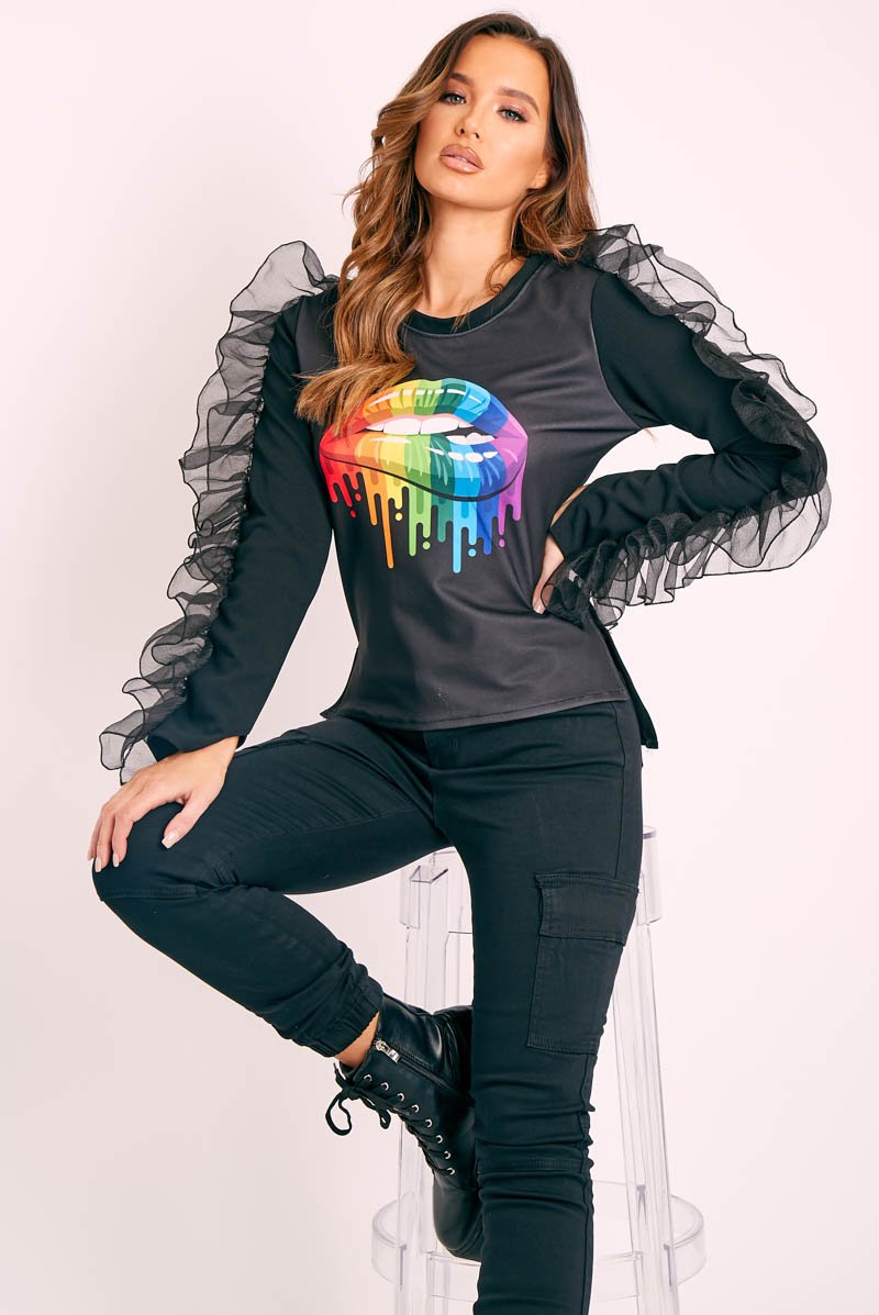 Black Graphic Print Organza Ruffle Sleeve Top - Gianni-Tops