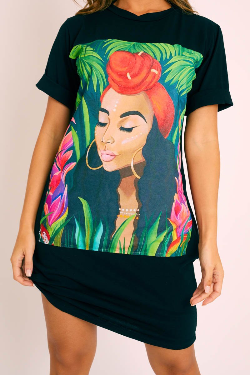 Black Graphic Printed T-shirt Dress - Meeka-Dresses