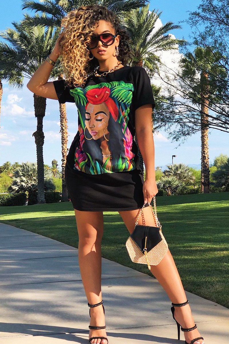 Black Graphic Printed T-shirt Dress - Meeka-Dresses