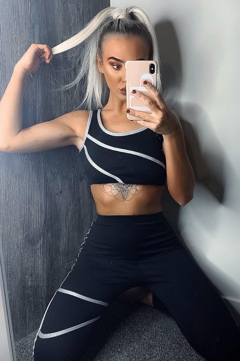 Black Grey Crop Top Leggings Activewear Co-Ord - Kaelin-Co-ords