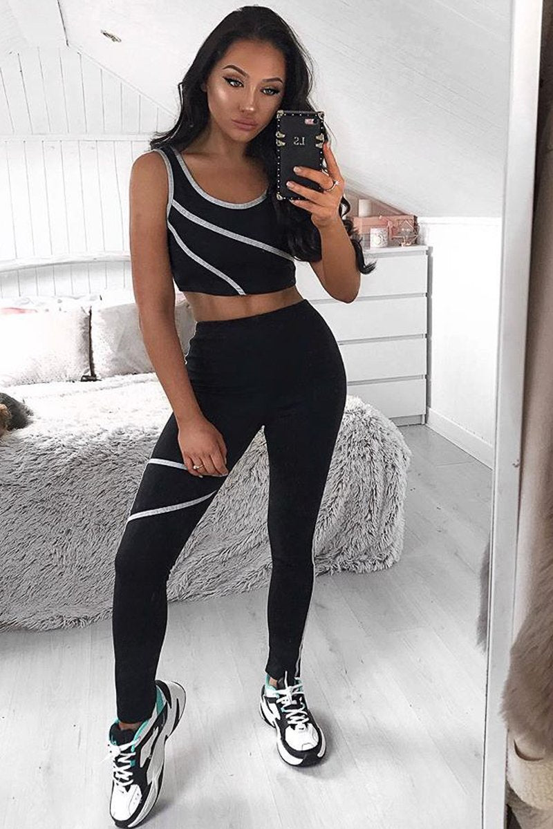 Black Grey Crop Top Leggings Activewear Co-Ord - Kaelin-Co-ords