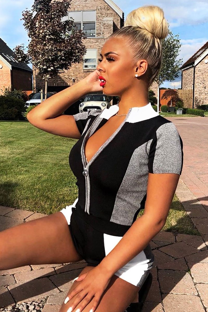 Black Grey Knitted Zip Front Top Shorts Co-Ord - Keonna-Co-ords