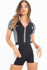 Black Grey Knitted Zip Front Top Shorts Co-Ord - Keonna-Co-ords