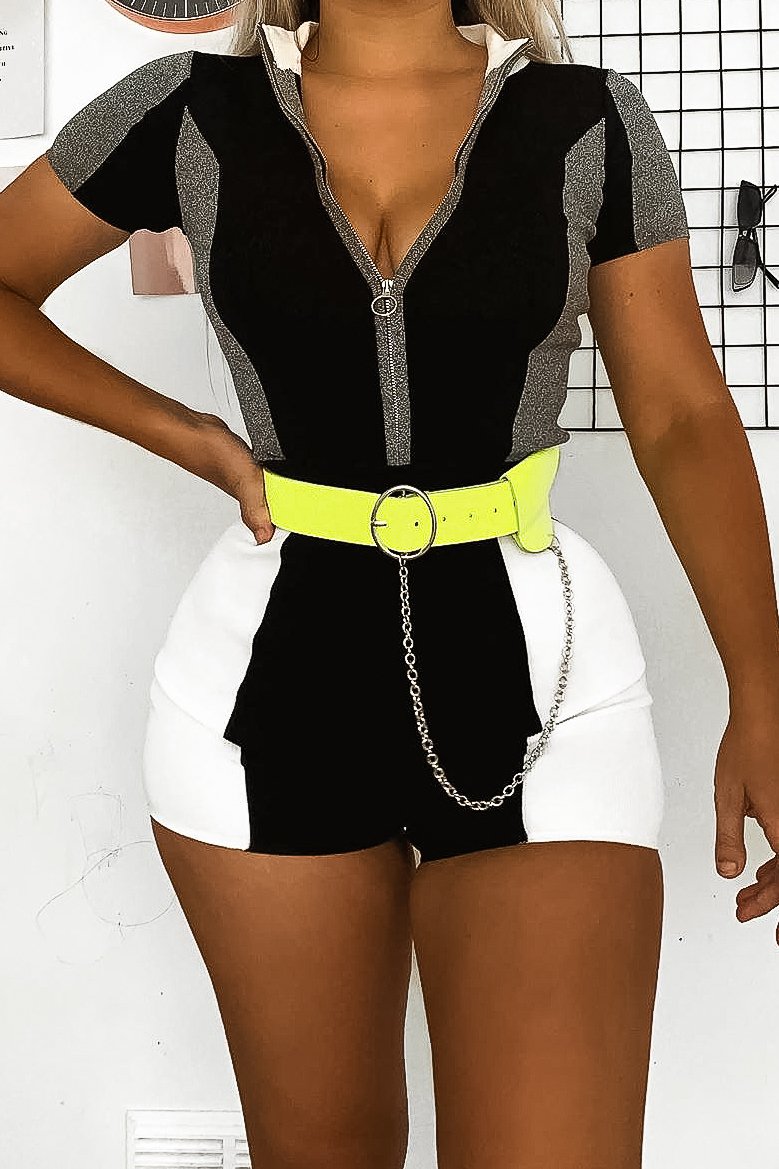 Black Grey Knitted Zip Front Top Shorts Co-Ord - Keonna-Co-ords