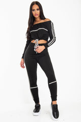 Black Grey Stripe Detail Tie Waist Sweatshirt and Jogger Set - Zamiya-Tracksuits