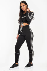 Black Grey Stripe Detail Tie Waist Sweatshirt and Jogger Set - Zamiya-Tracksuits
