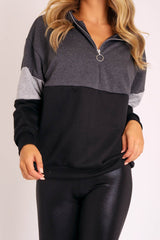 Black Grey Stripe Zip Front Hoodie - Tyra-Hoodies