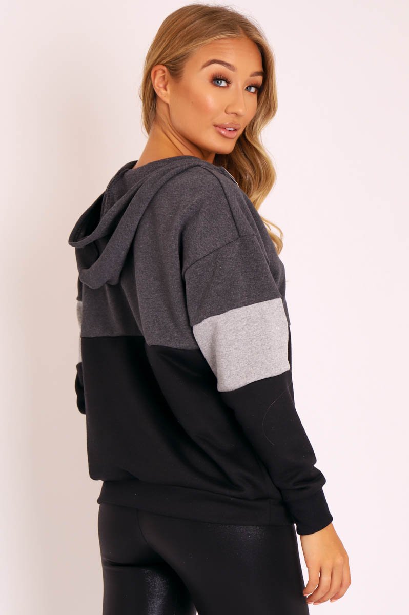 Black Grey Stripe Zip Front Hoodie - Tyra-Hoodies