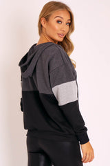 Black Grey Stripe Zip Front Hoodie - Tyra-Hoodies