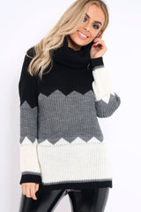 Black Grey and Cream ZigZag Patterned Roll Neck Jumper - Nataley-Jumper