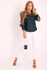 Black Half Mesh Puff Sleeve Shirt - Hallie-Shirts