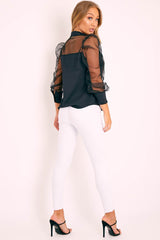 Black Half Mesh Puff Sleeve Shirt - Hallie-Shirts