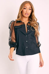 Black Half Mesh Puff Sleeve Shirt - Hallie-Shirts
