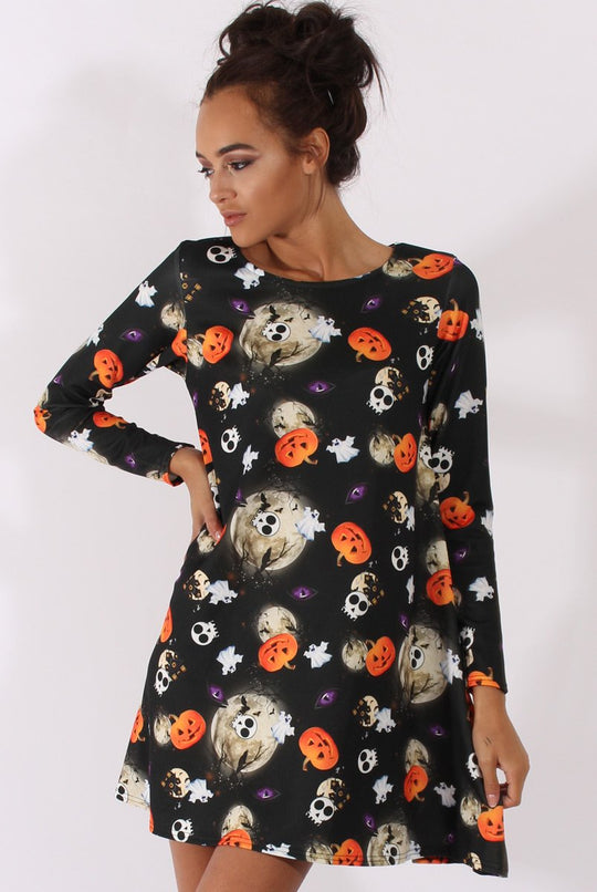 Black Halloween Theme Swing Dress - Mona