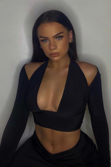 Black Halter Neck Cut Out Crop Top - Sno